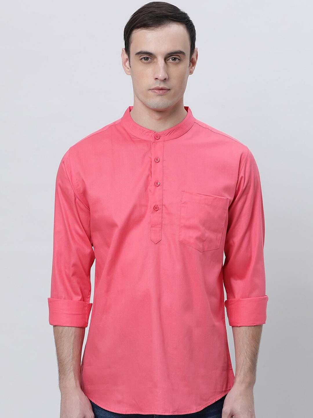 

THE SOUL PATROL Band Collar Cotton Curved Short Kurta, Pink