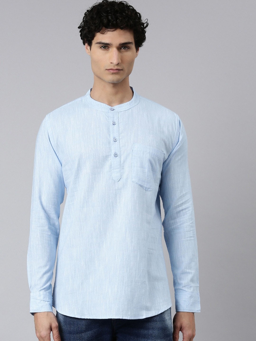 

THE SOUL PATROL Band Collar Long Sleeves Cotton Kurta, Blue