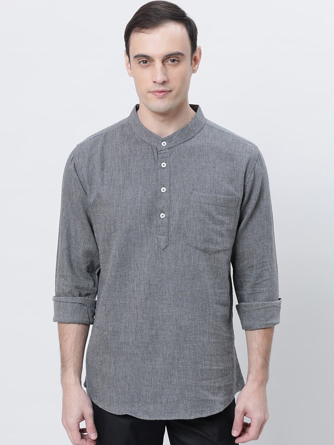 

THE SOUL PATROL Mandarin Collar Long Sleeves Woven Design Cotton Straight Kurta, Grey