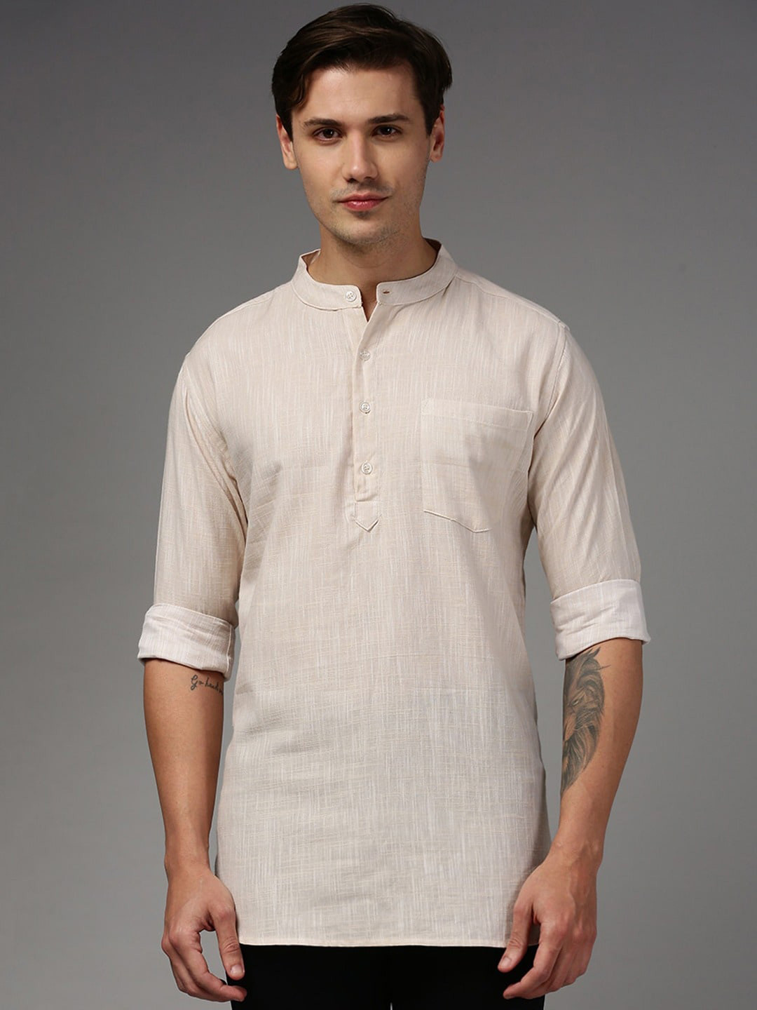 

THE SOUL PATROL Band Collar Cotton Curved Short Kurta, Khaki