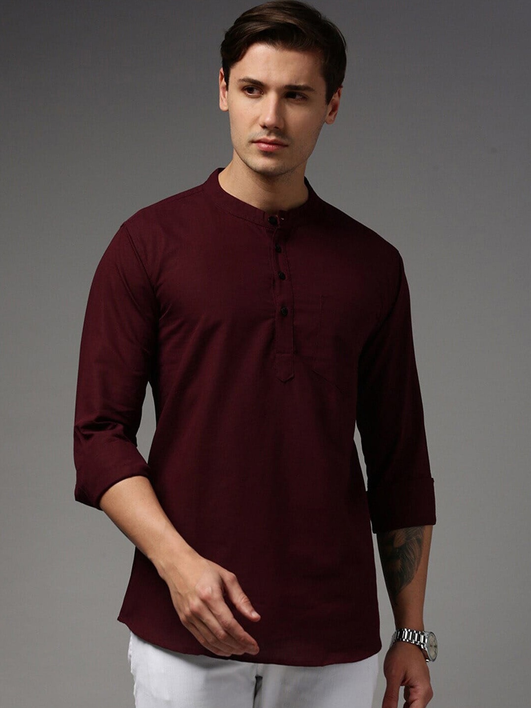 

THE SOUL PATROL Band Collar Cotton Curved Short Kurta, Coffee brown