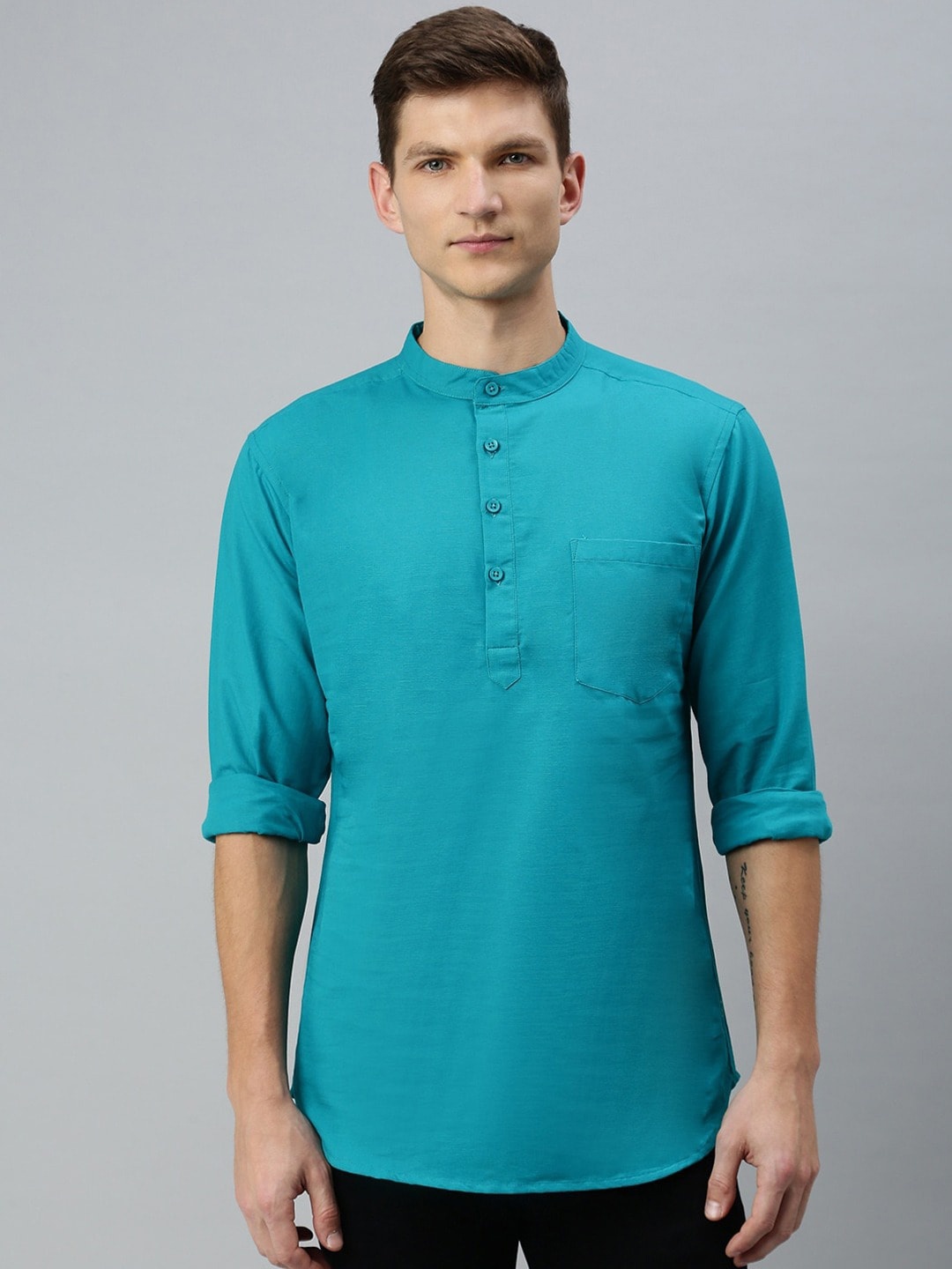 

THE SOUL PATROL Mandarin Collar Long Sleeves Cotton Straight Kurta, Green