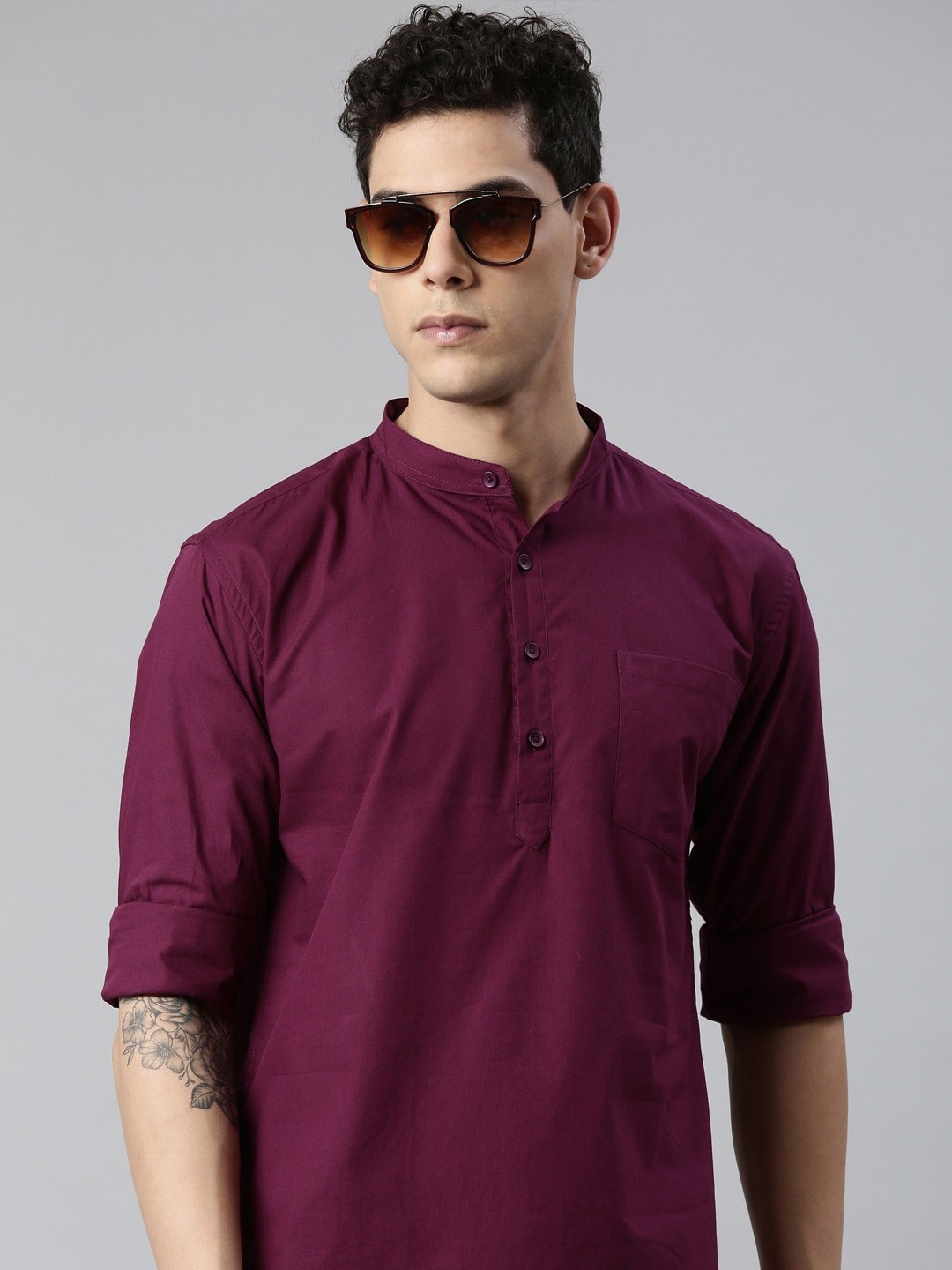 

THE SOUL PATROL Band Collar Long Sleeves Cotton Kurta, Burgundy