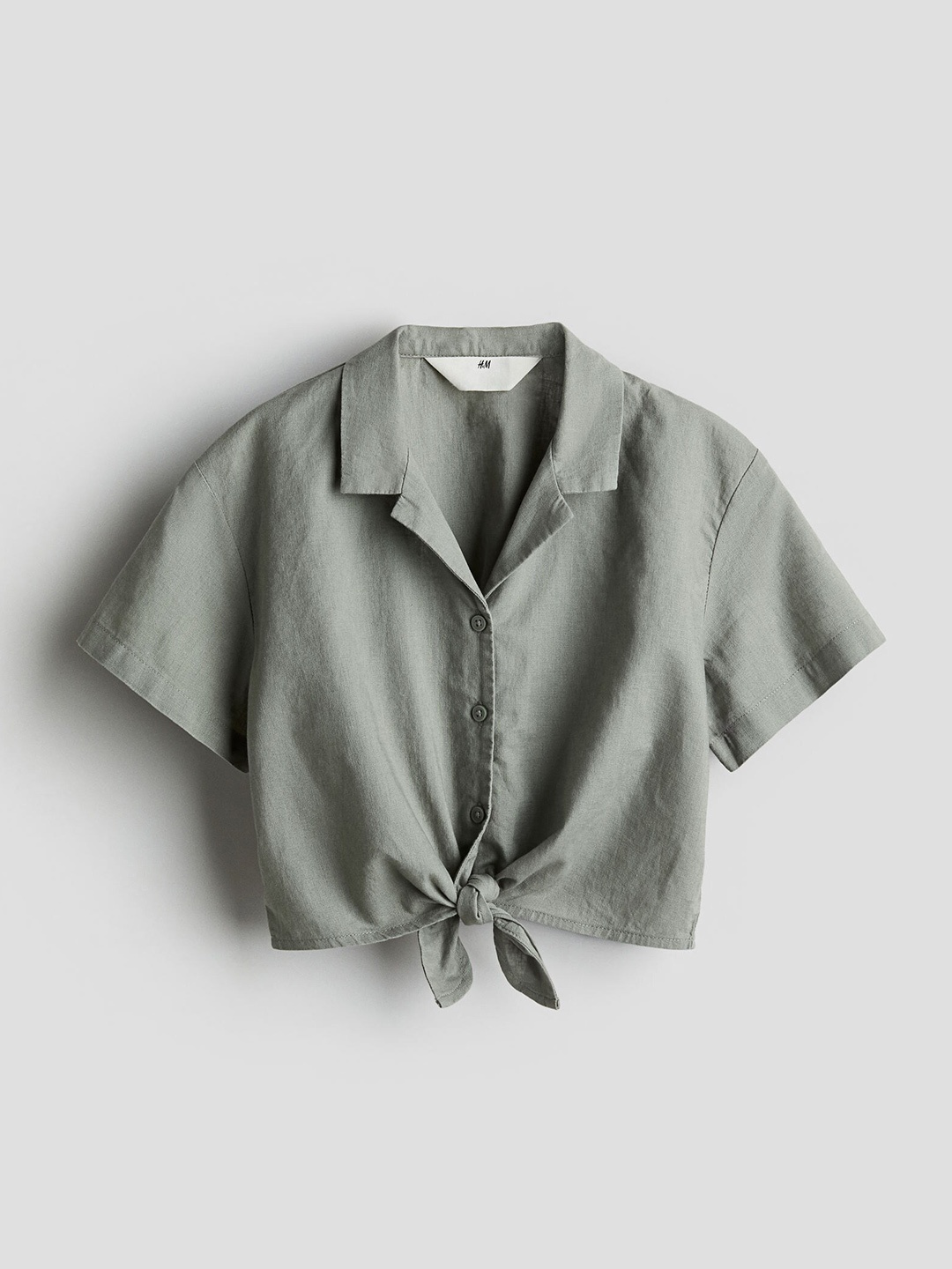 

H&M Girls Linen-Blend Tie-Hem Shirt, Green