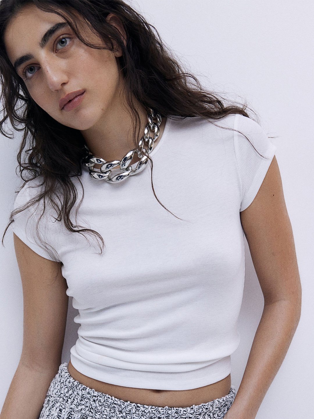 

H&M Women Ribbed Crop T-shirt, White
