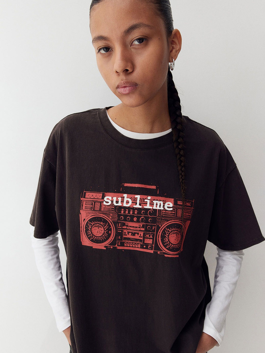 

H&M Pure Cotton Oversized Printed T-shirt, Brown
