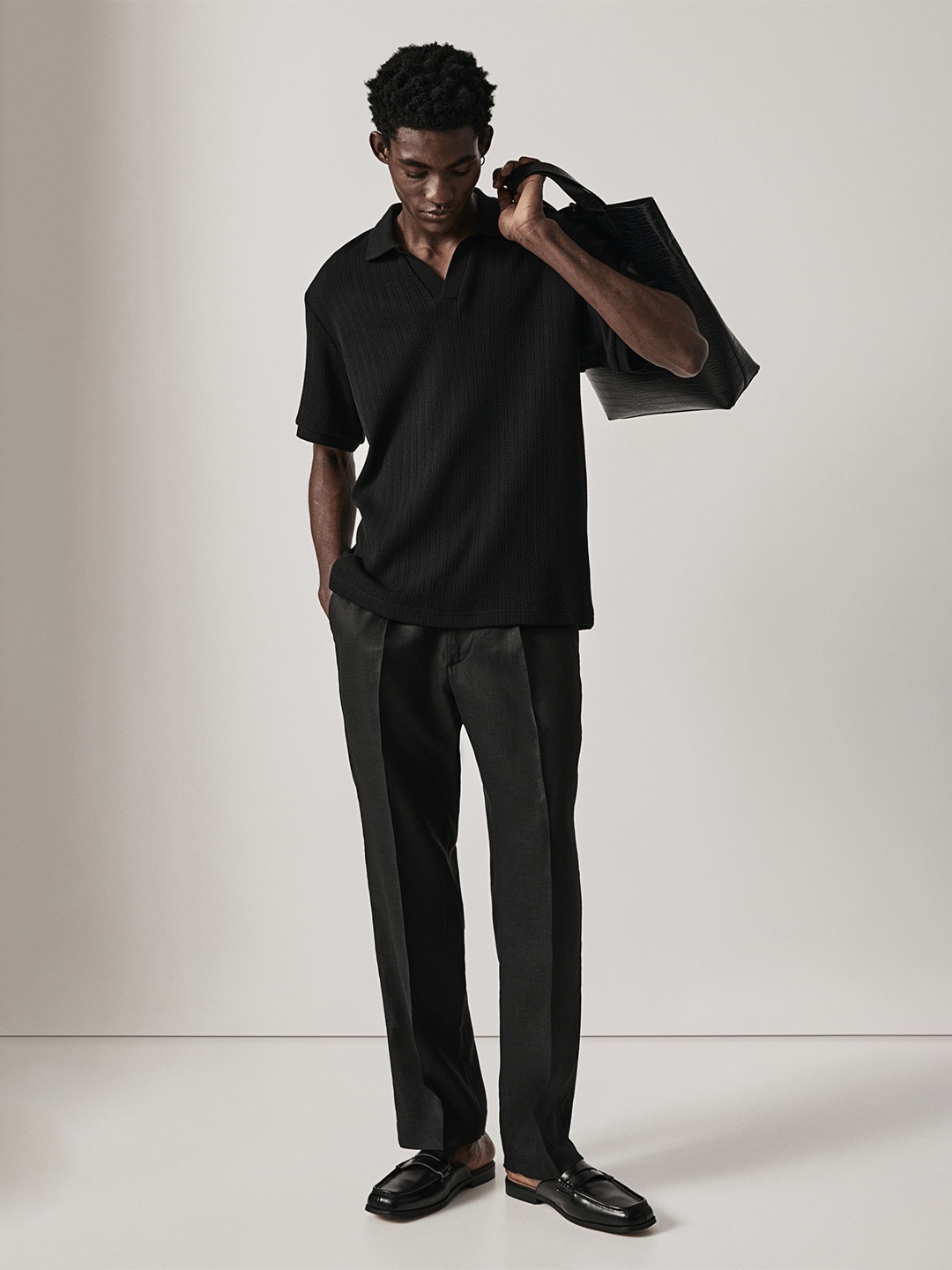 

H&M Regular Fit Hole-Patterned Polo Shirt, Black