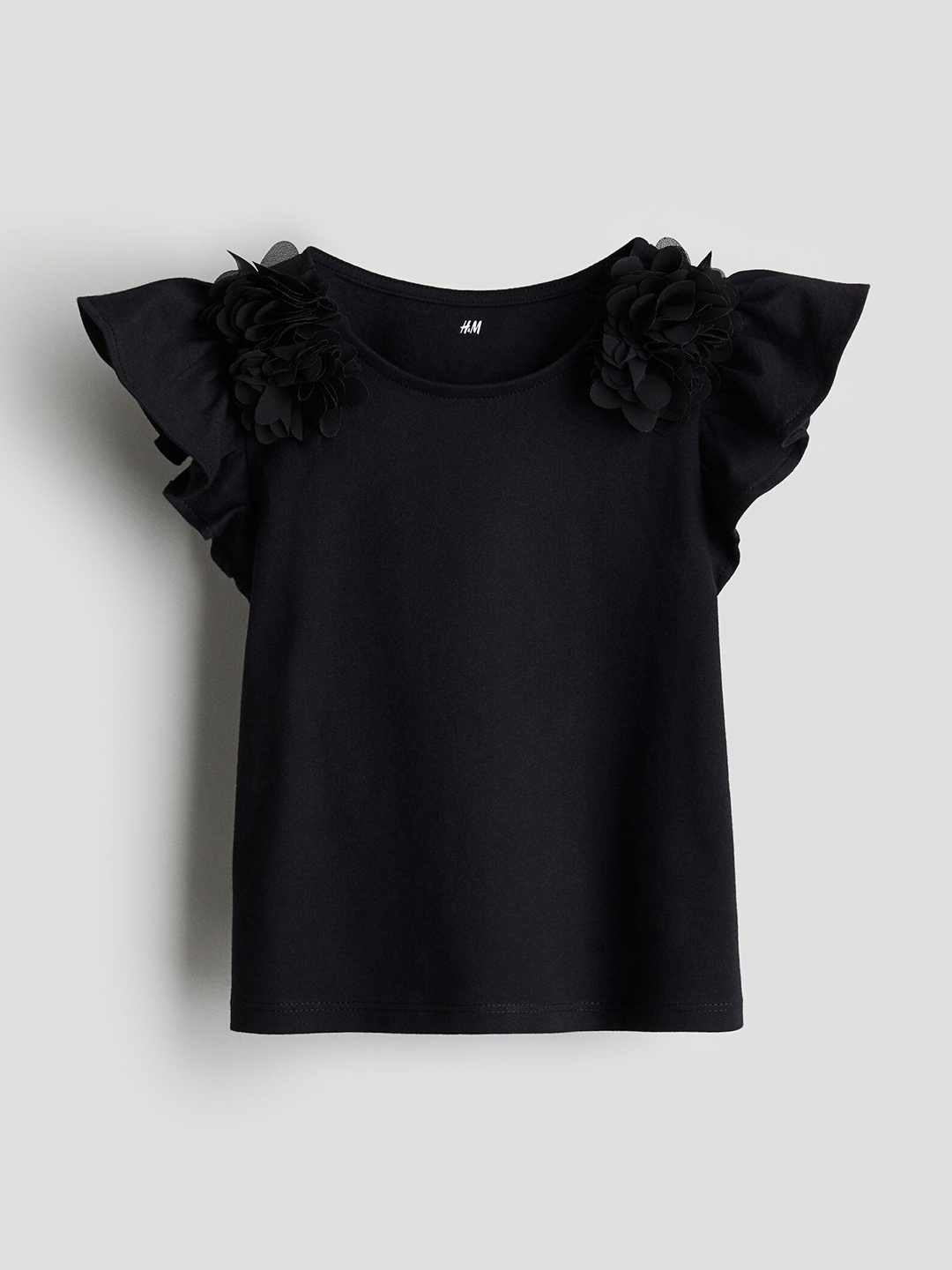 

H&M Girls Cotton Flutter-Sleeved Top, Black