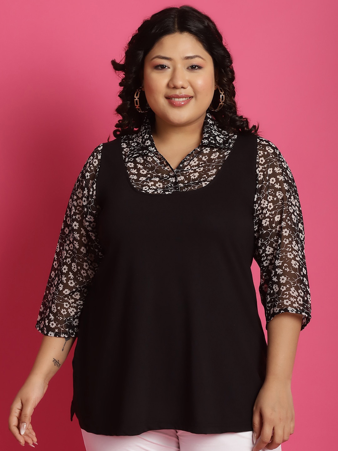 

theRebelinme Plus Size Print Cotton Regular Top, Black