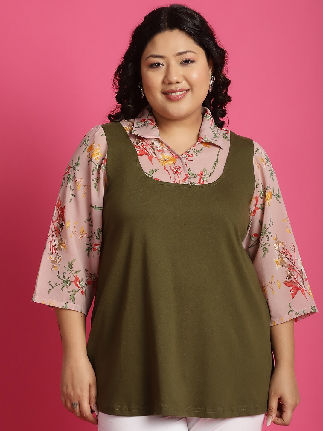 

theRebelinme Plus Size Floral Printed Cotton Top, Pink