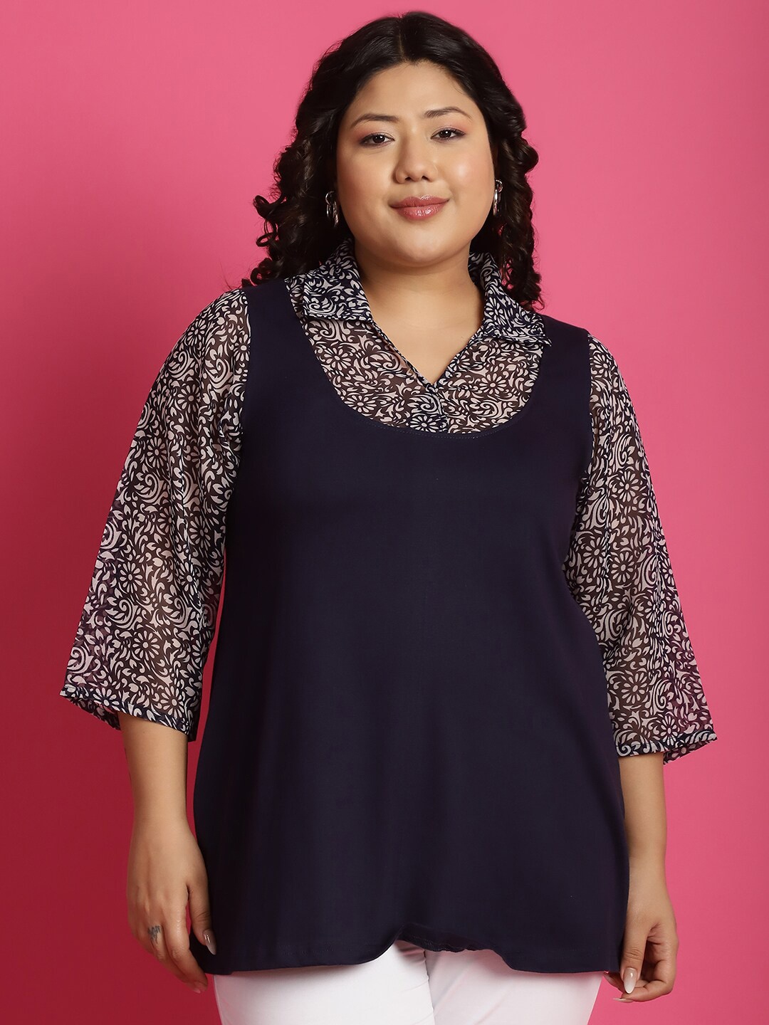 

theRebelinme Plus Size Floral Print Cotton Top, Navy blue