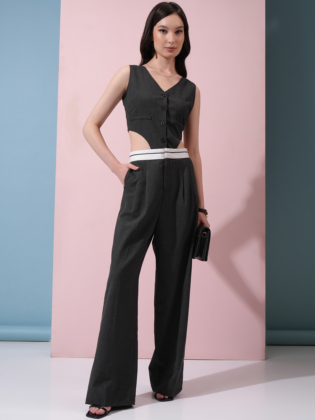 

Tokyo Talkies Charcoal Sleeveless Crop Top With Trousers