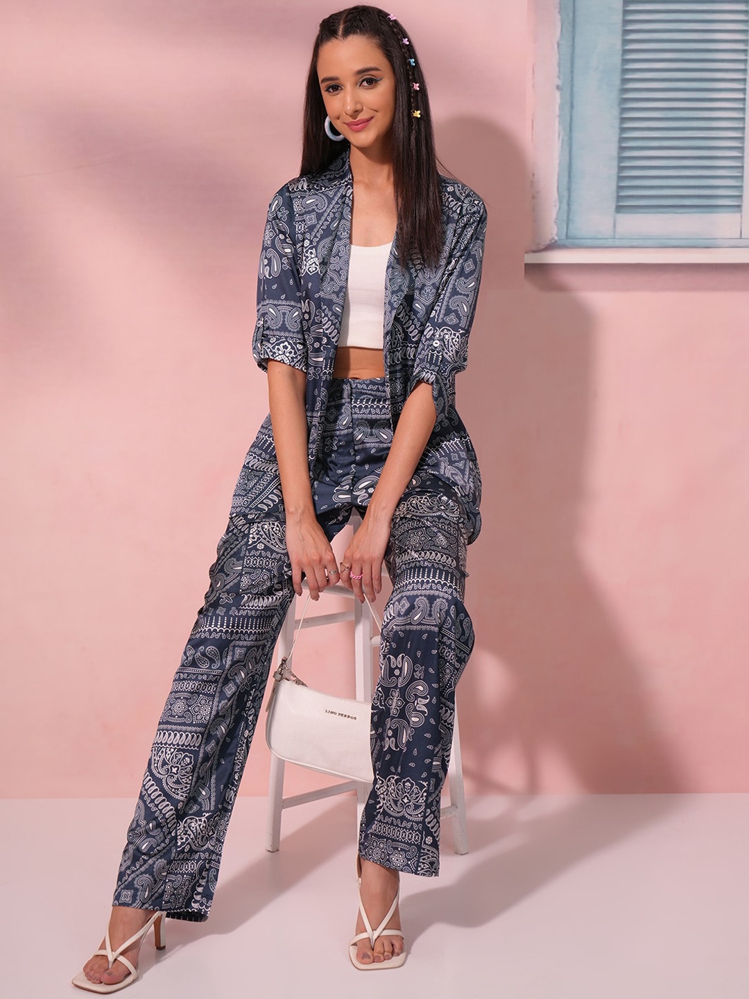 

Tokyo Talkies Blue Printed Blazer With Trousers