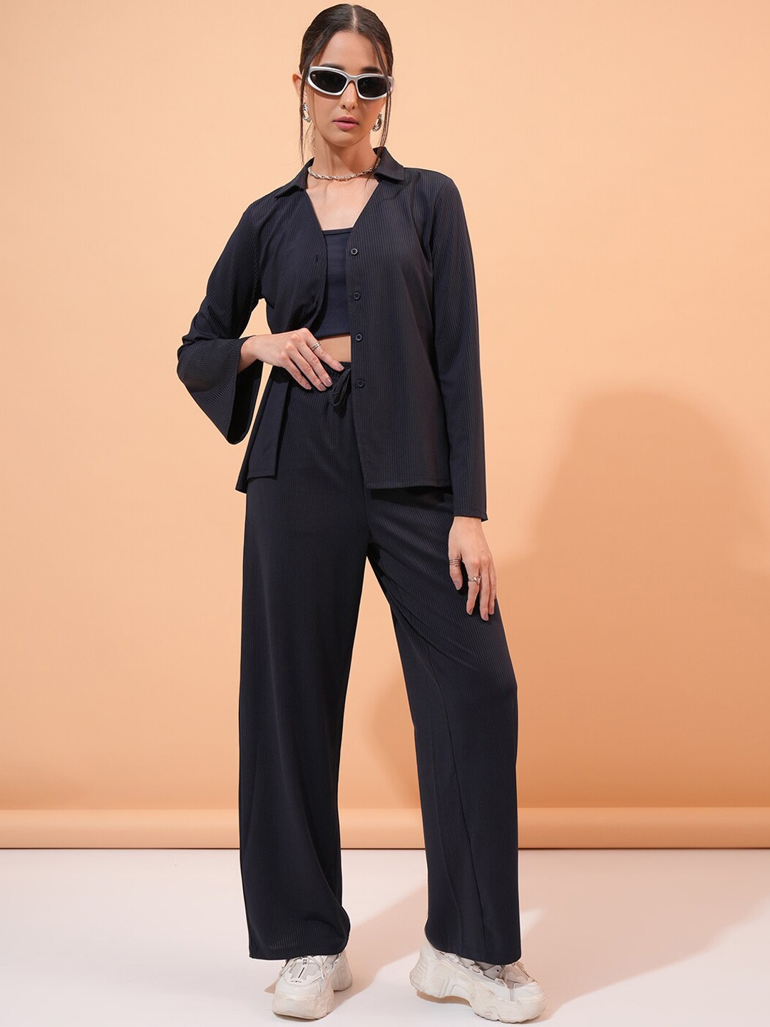 

Tokyo Talkies Navy Blue Ribbed Shirt & Trousers