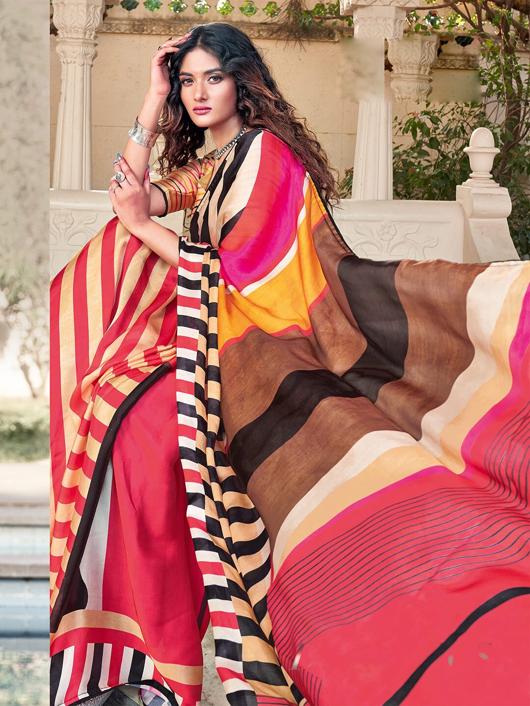 

KALINI Striped Printed Satin Saree, Red