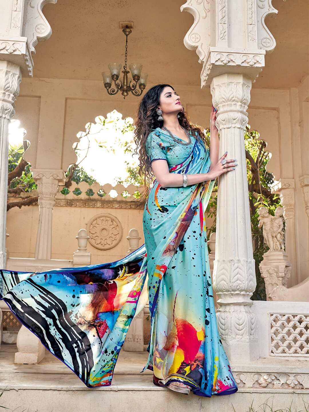 

KALINI Abstract Printed Satin Saree, Blue