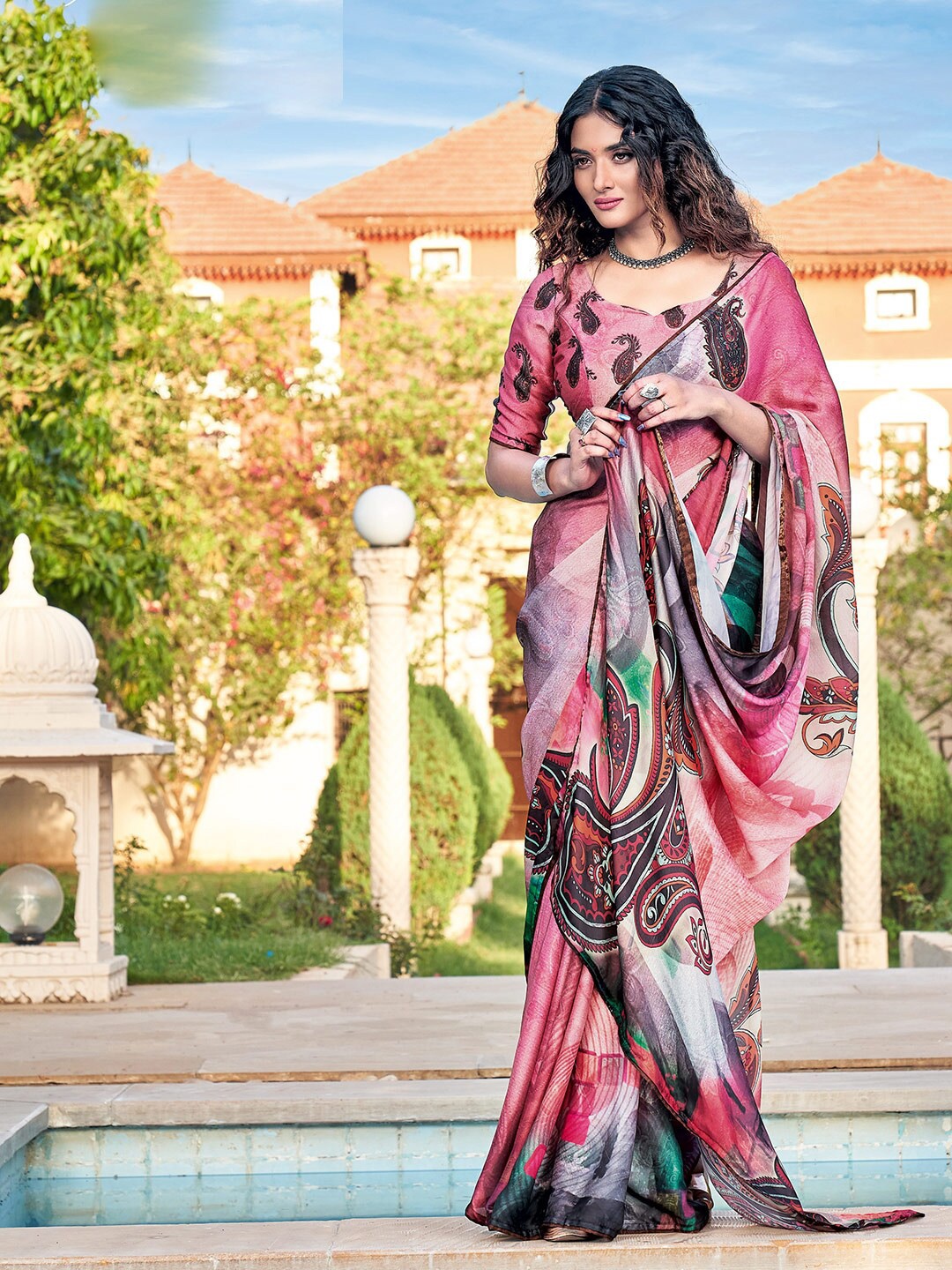 

KALINI Paisley Printed Satin Saree, Pink
