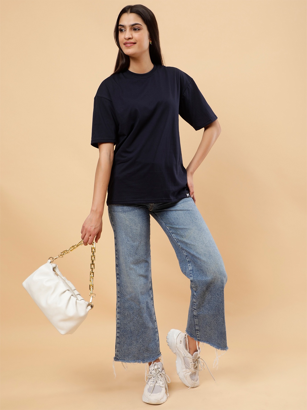 

PockMAN Drop Shoulder Sleeves Bio Finish Cotton Oversize T-Shirt, Navy blue
