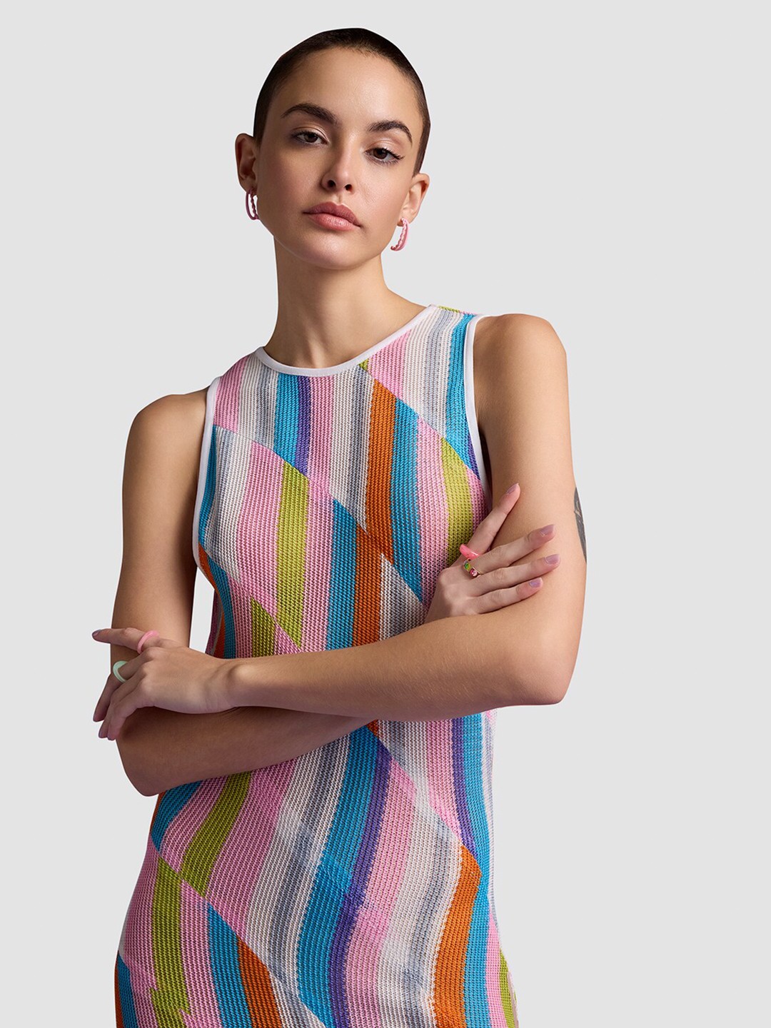 

Muvazo Striped Sleeveless Fringed Detail A-Line Midi Dress, Blue
