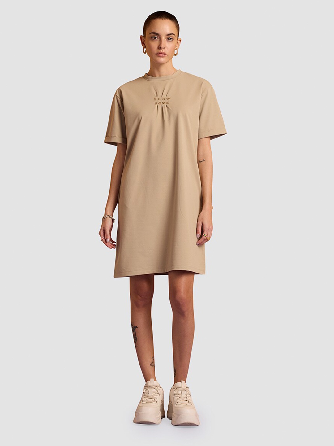 

Muvazo Round Neck Gathered Detail T-shirt Dress, Brown