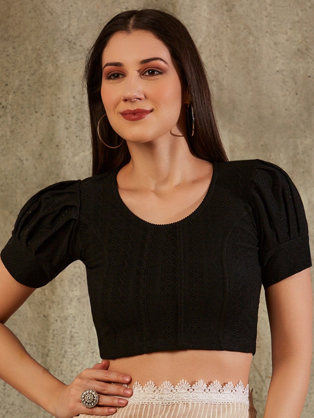 

SALWAR STUDIO Woven Design Strechable Saree Blouse, Black