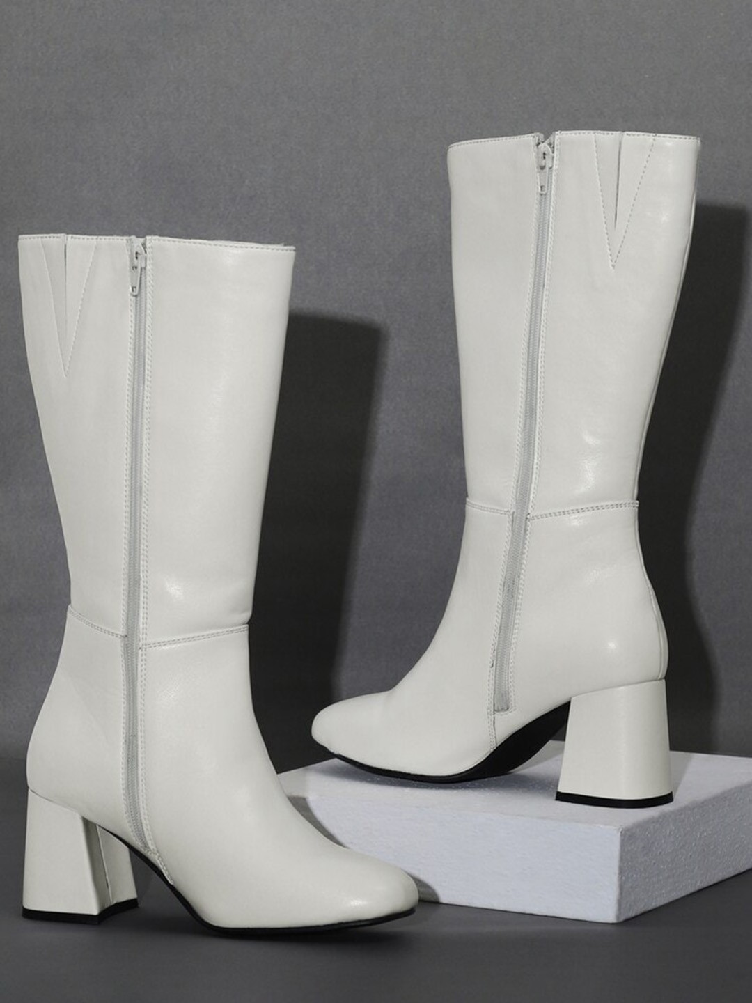

FOREVER 21 Women High Top Block Heeled Boots, White