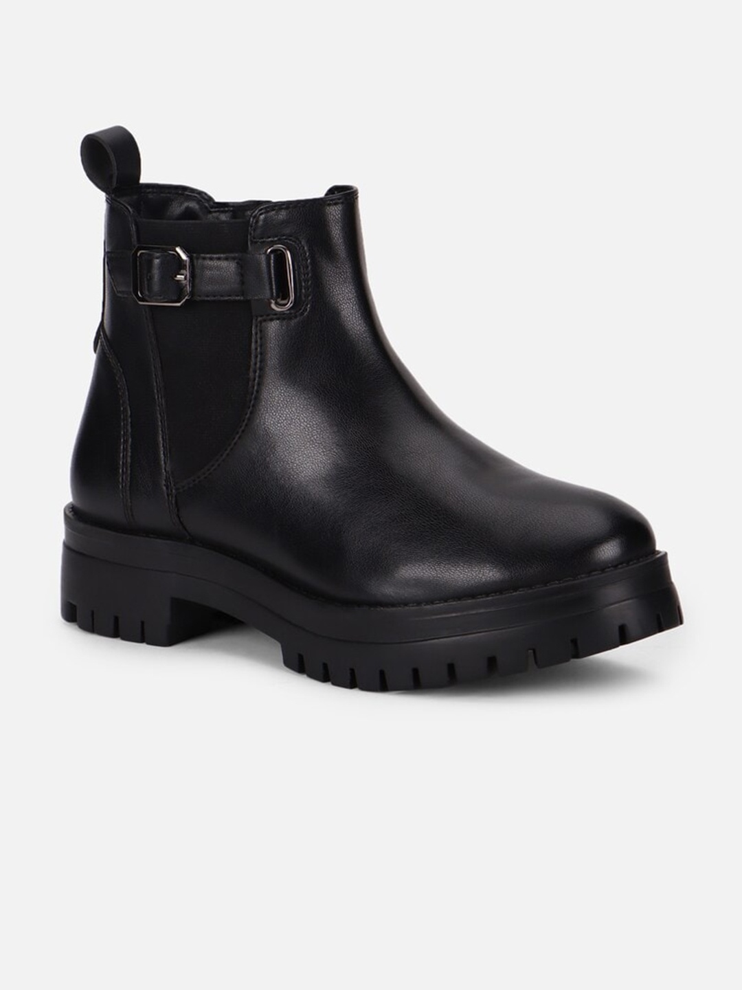 

FOREVER 21 Women Buckle Detailed Block Heeled Chelsea Boots, Black