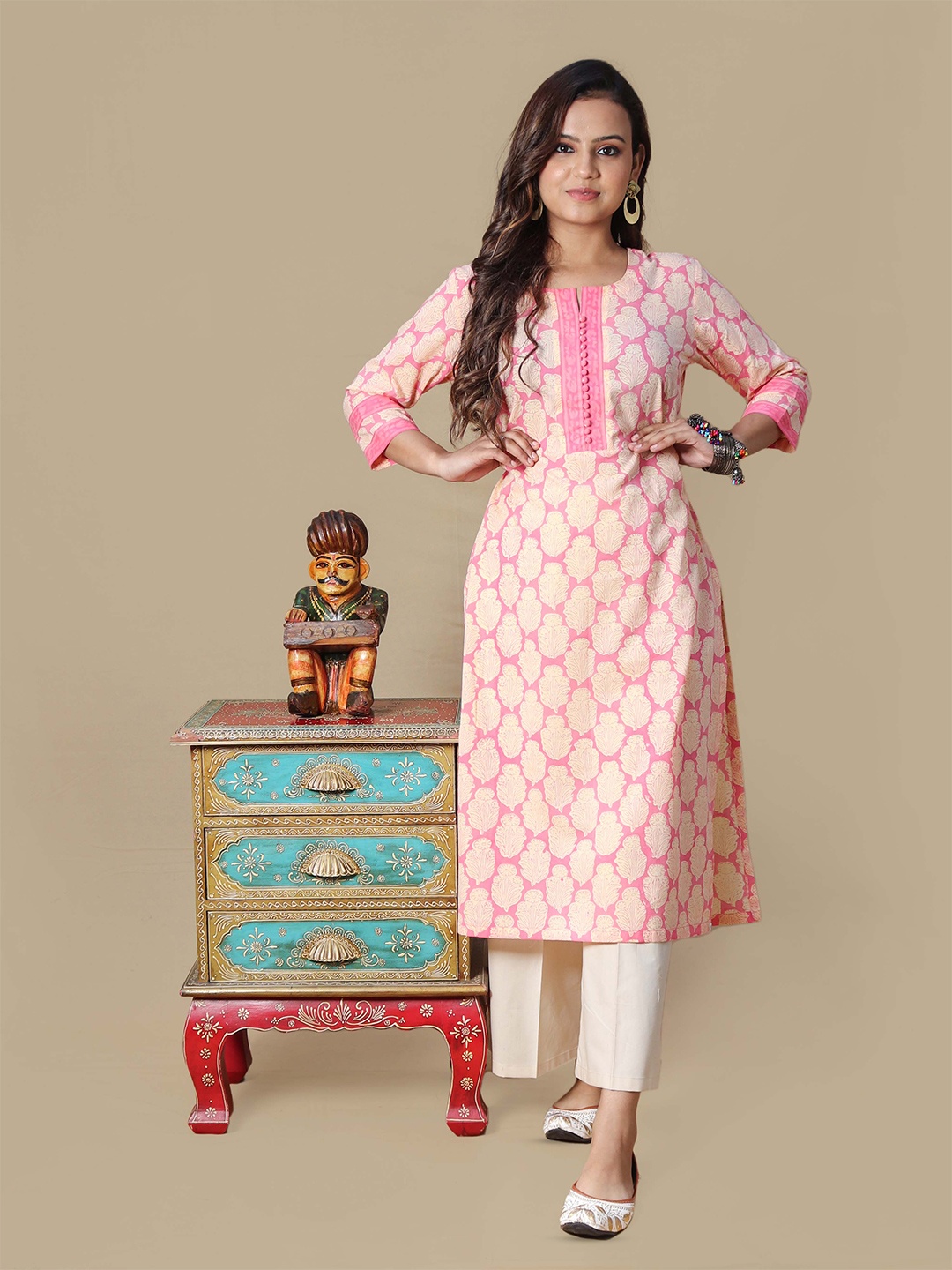 

TSUCCHI TRADITIONS Printed Cotton Straight Kurta, Pink