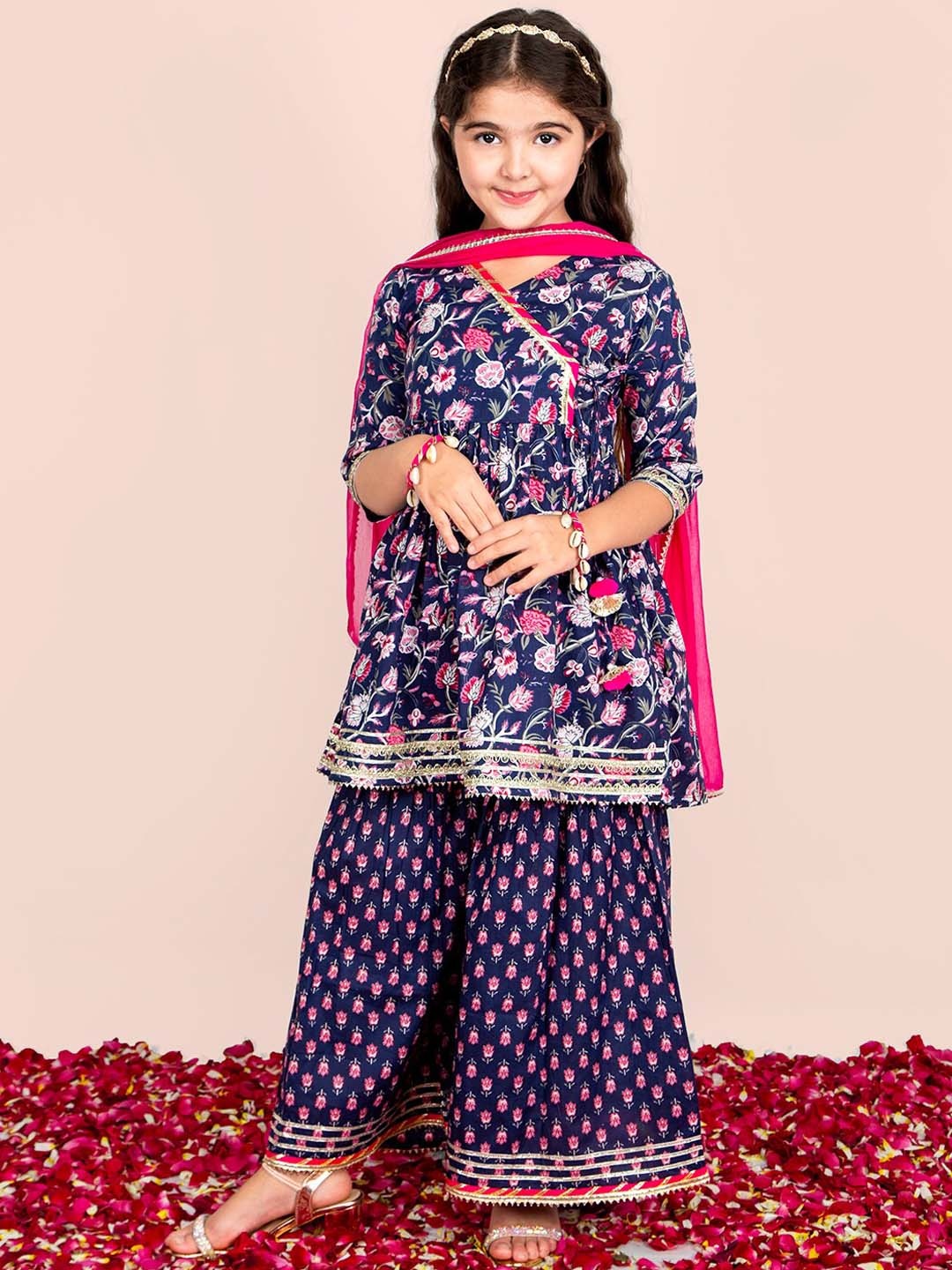 

Naughty Ninos Girls Floral Printed Angrakha Cotton Kurta With Sharara & Dupatta, Navy blue