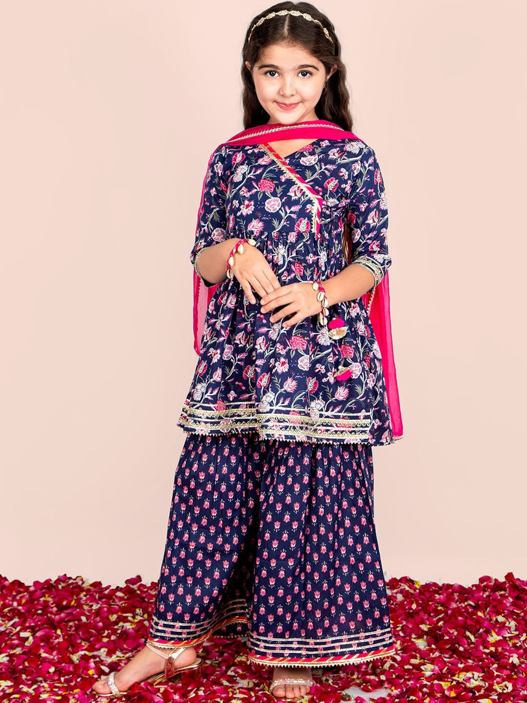

Naughty Ninos Girls Printed Angrakha Pure Cotton A-Line Kurta with Sharara & Dupatta, Navy blue