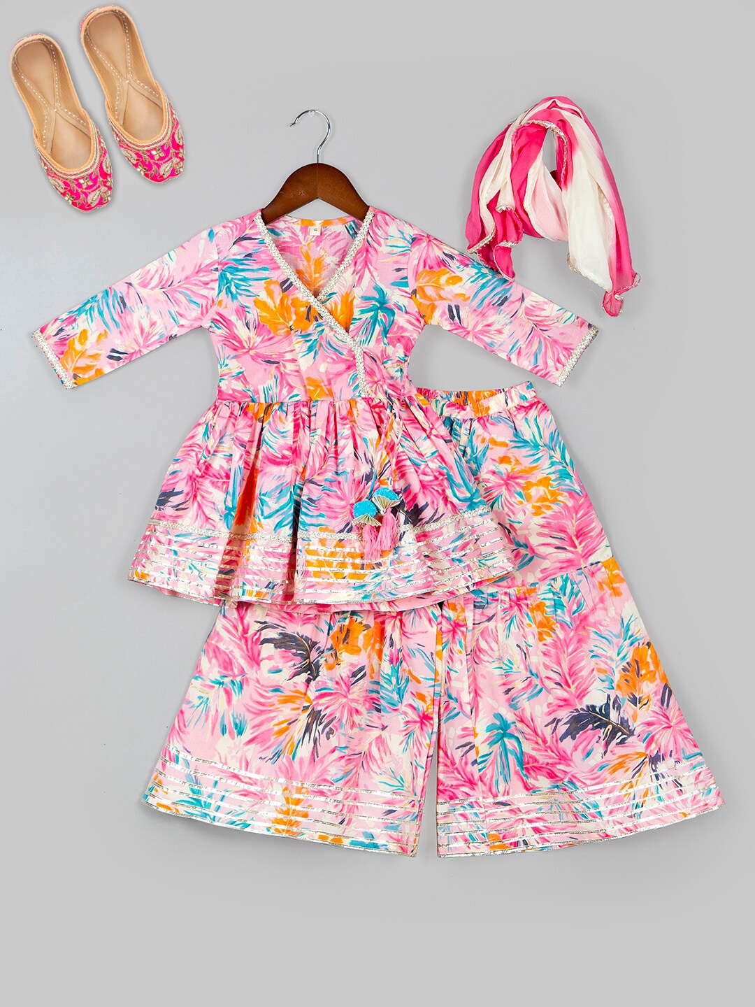 

Naughty Ninos Girls Printed Angrakha Pure Cotton A-Line Kurta with Sharara & Dupatta, Pink