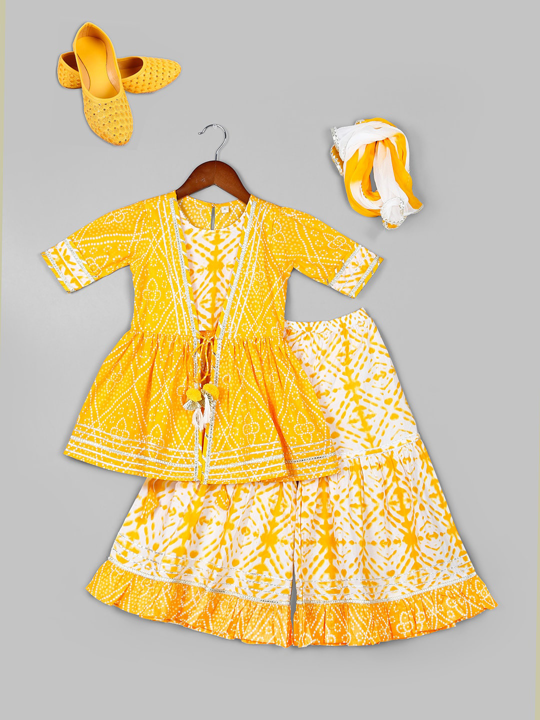

Naughty Ninos Girls Ethnic Motifs Printed Gotta Patti Cotton Kurta With Sharara & Dupatta, Yellow