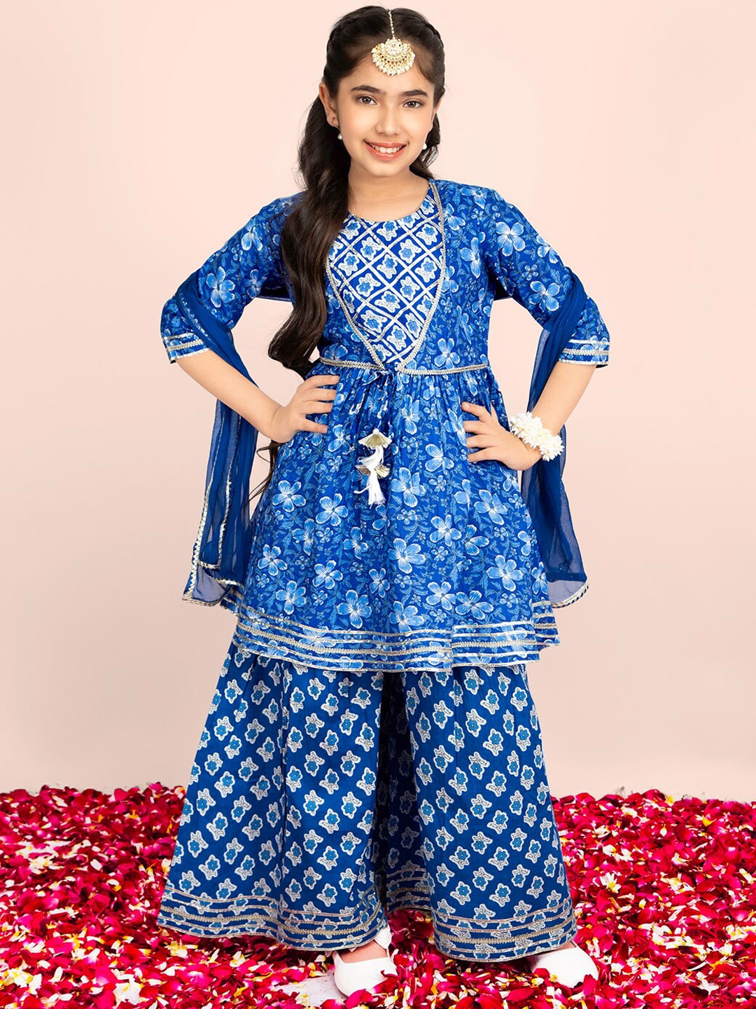 

Naughty Ninos Girls Floral Printed Gotta Patti Pure Cotton Kurta With Sharara & Dupatta, Blue