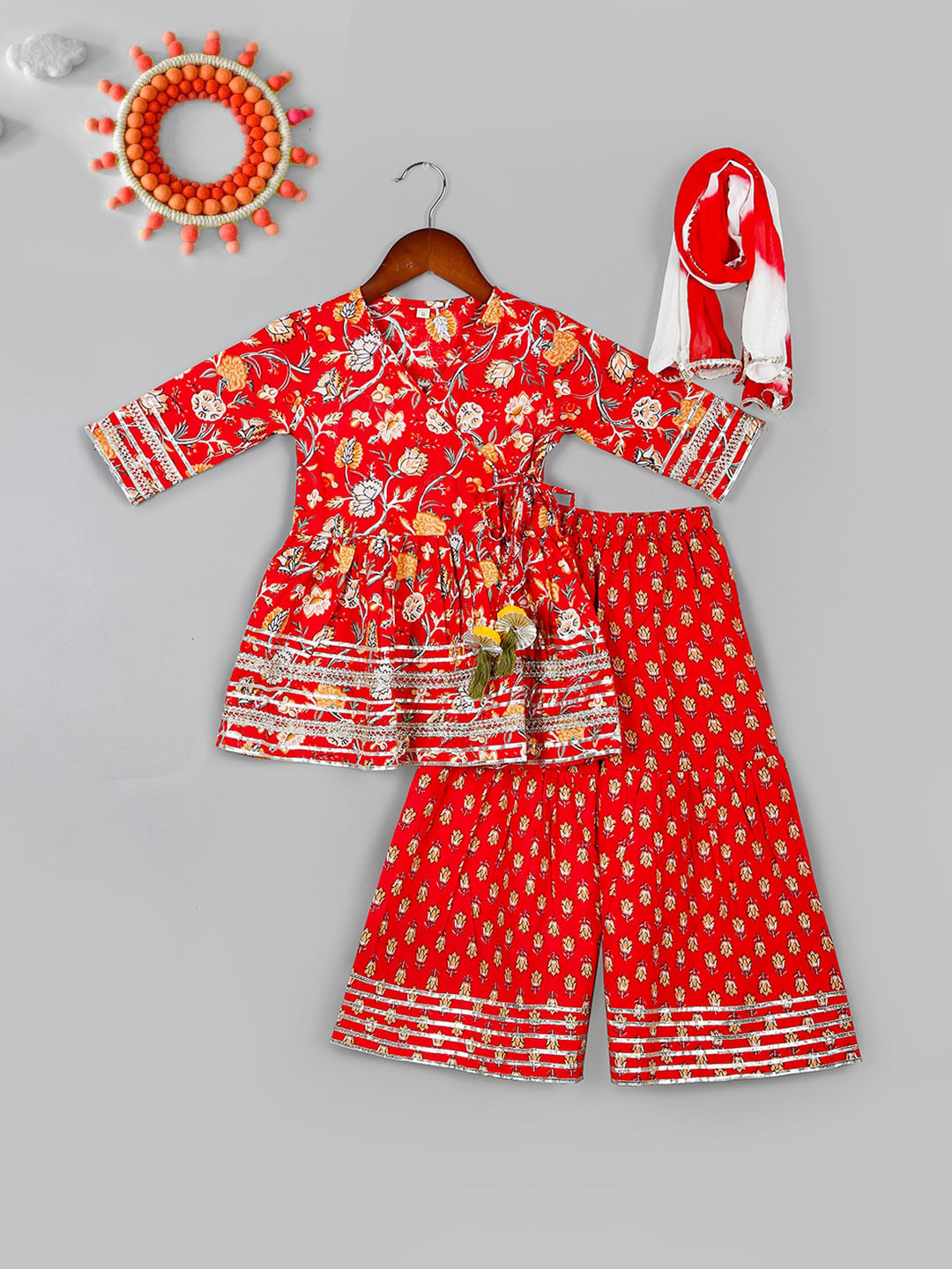 

Naughty Ninos Girls Printed Empire Pure Cotton A-Line Kurta with Sharara & Dupatta, Red