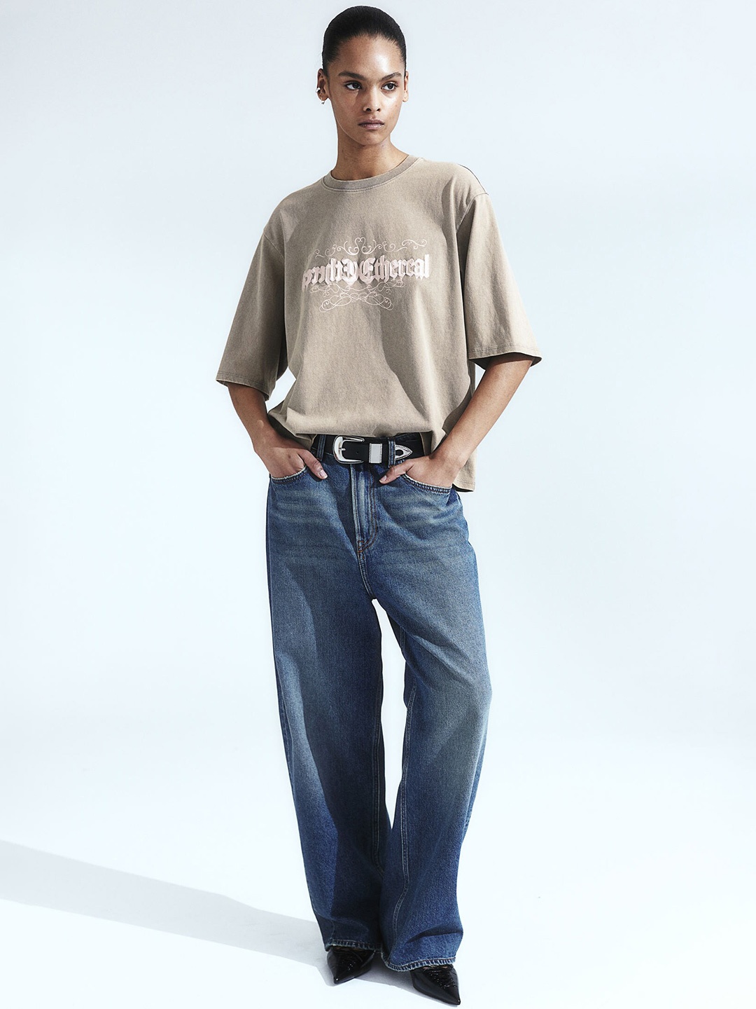 H&M Pure Cotton Oversized T-shirt, Beige