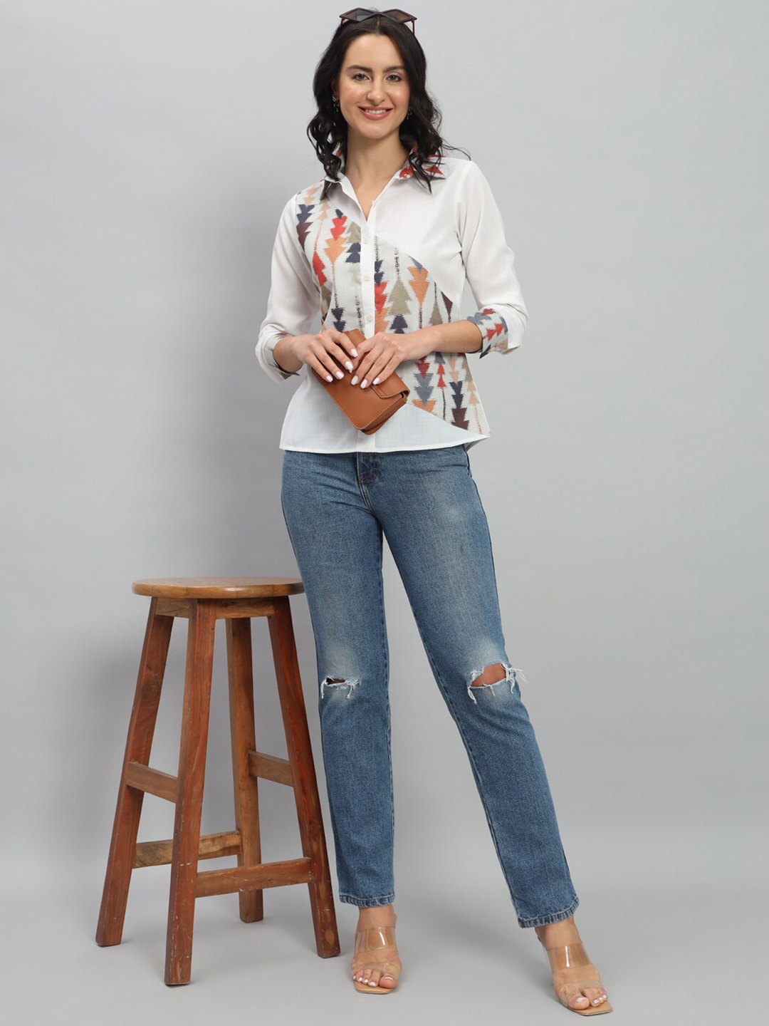 

RACHNA Standard Fit Geometric Printed Spread Collar Linen Casual Shirt, Green