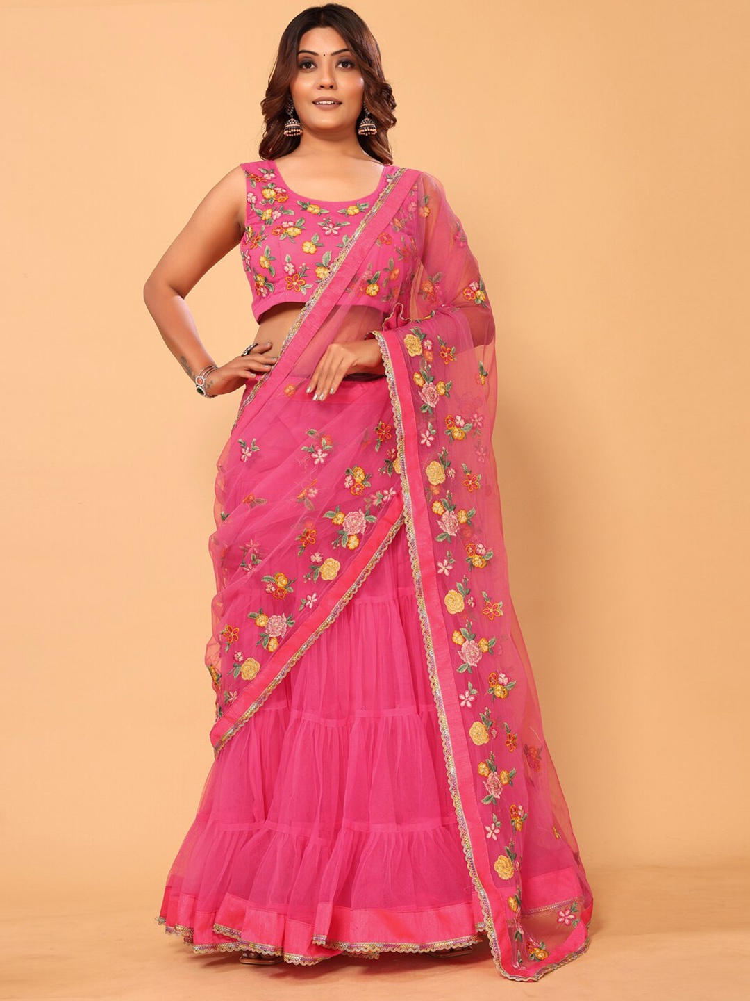 

PATLANI STYLE Floral Embroidered Net Ready to Wear Lehenga Saree, Pink