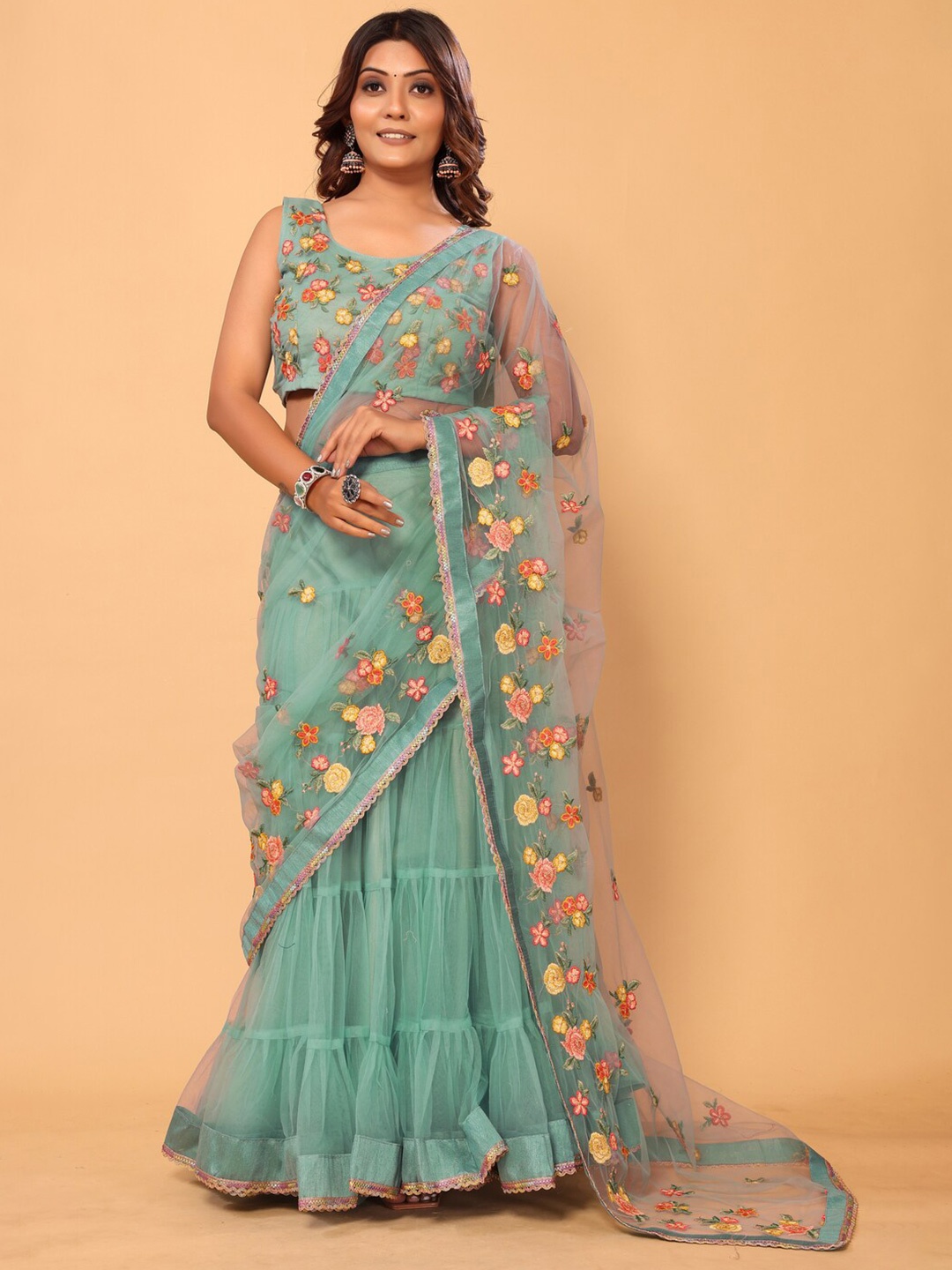 

PATLANI STYLE Floral Embroidered Net Ready to Wear Lehenga Saree, Turquoise blue