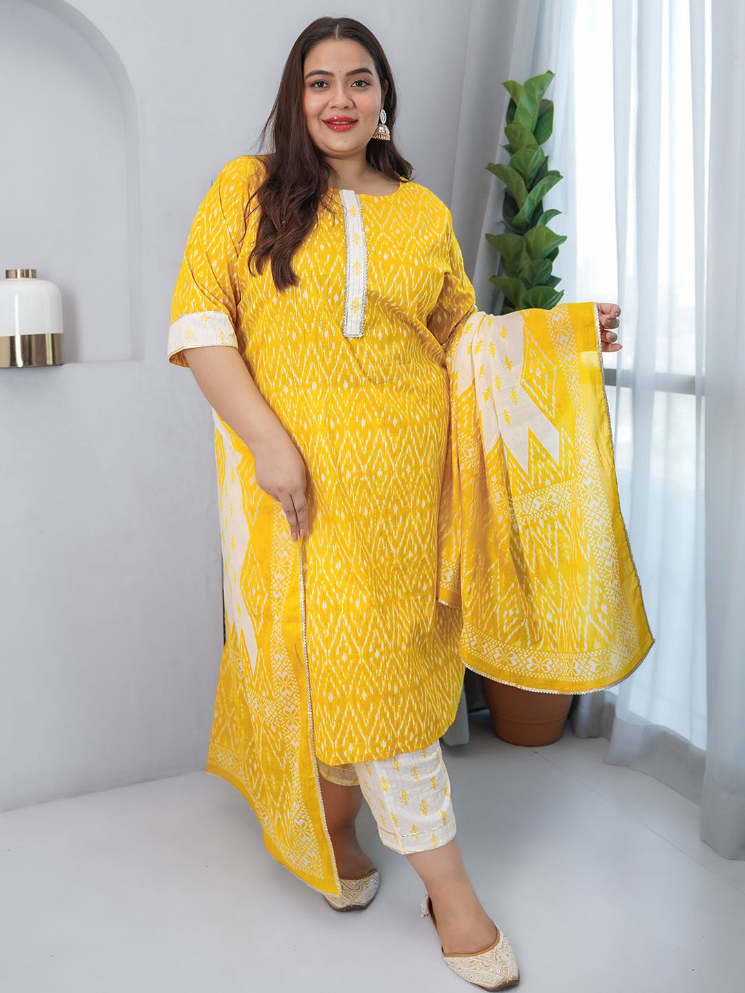 EXTRA LOVE BY LIBAS Plus Size Floral Printed Pure Cotton Kurta Trousers & Dupatta, Yellow