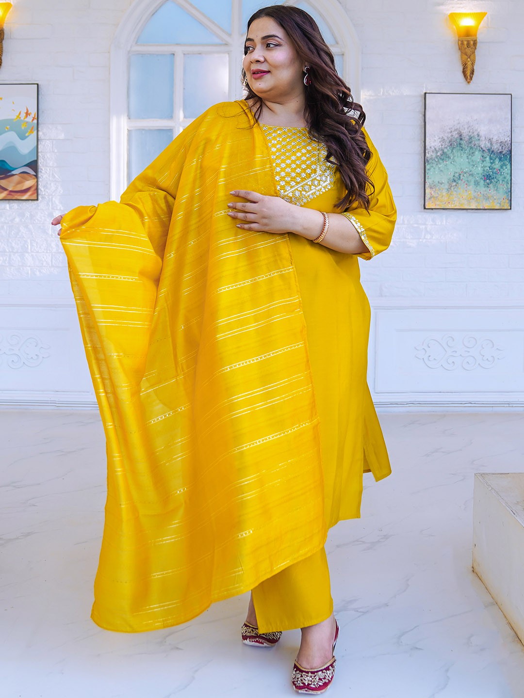 

EXTRA LOVE BY LIBAS Plus Size Yoke Design Sequinned Kurta with Trousers & Dupatta, Mustard
