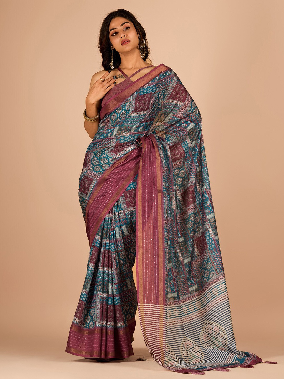 

Sanwariya Silk Kalamkari Printed Zari Saree, Teal