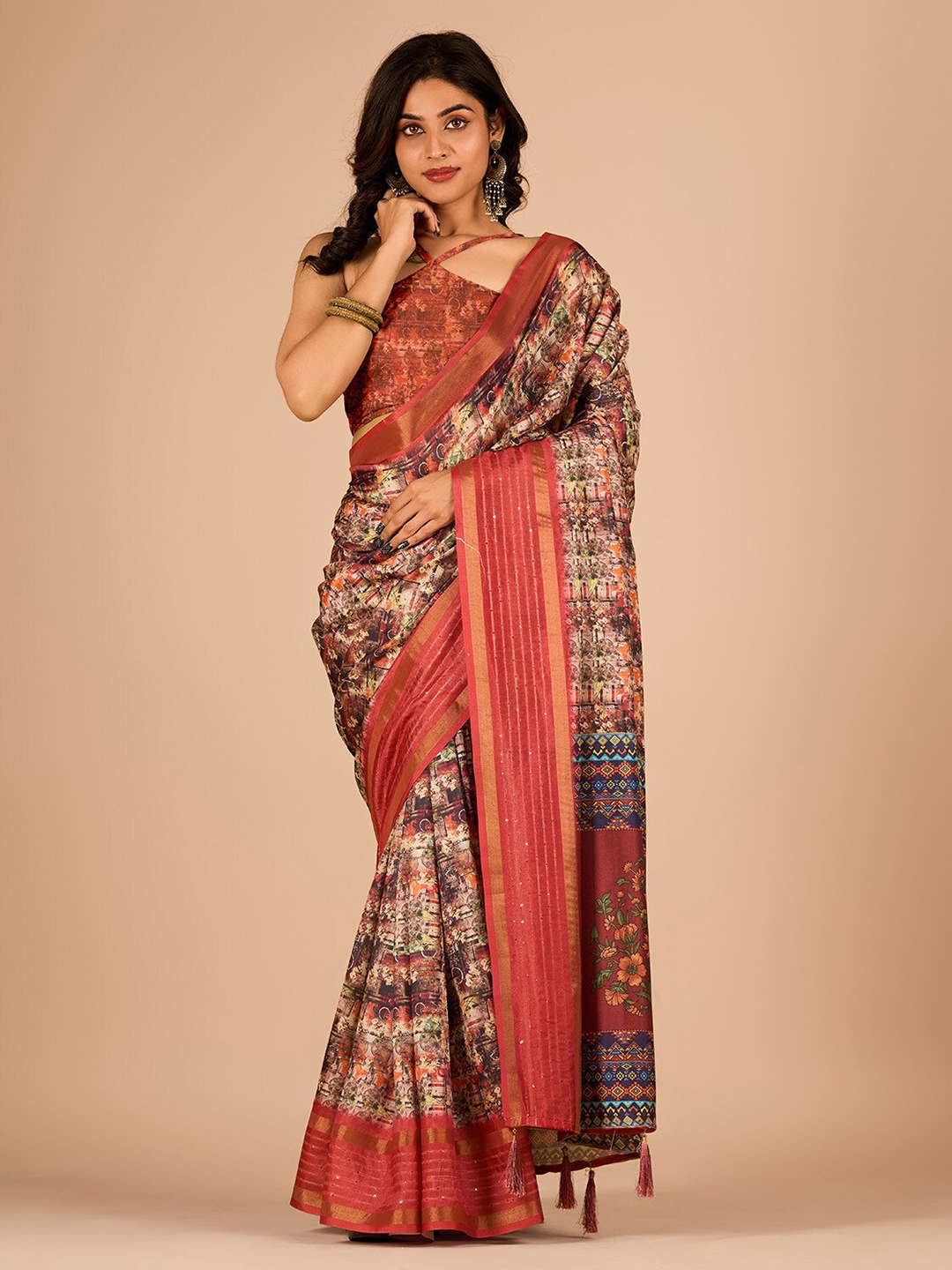 

Sanwariya Silk Kalamkari Printed Zari Maheshwari Saree, Peach