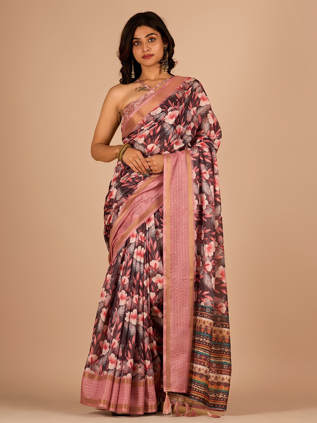 

Sanwariya Silk Floral Printed Beads and Stones Maheshwari Saree, Pink