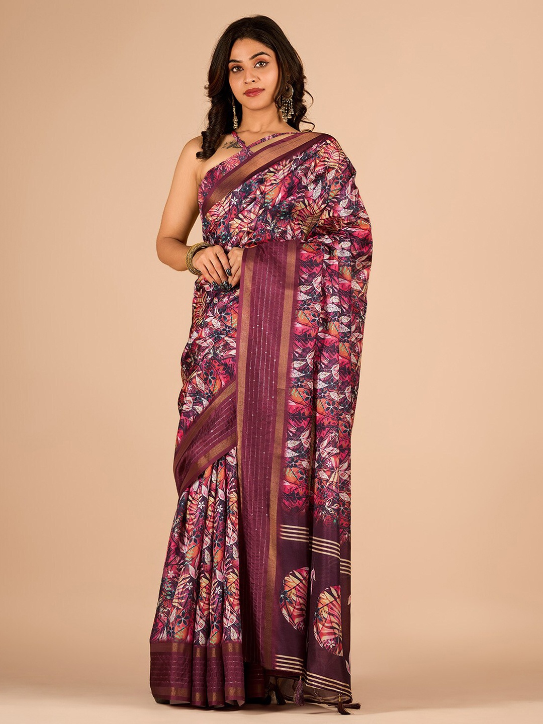 

Sanwariya Silk Floral Printed Zari Maheshwari Saree, Purple