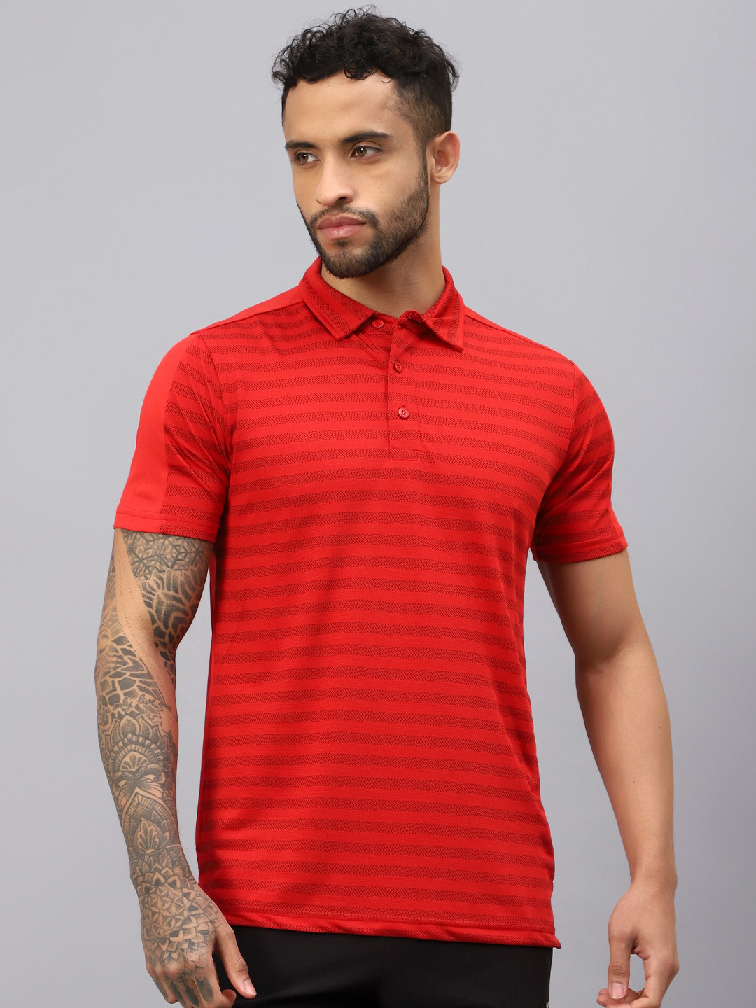

VECTOR X Striped Moisture Wicking Polo Collar T-shirt, Red