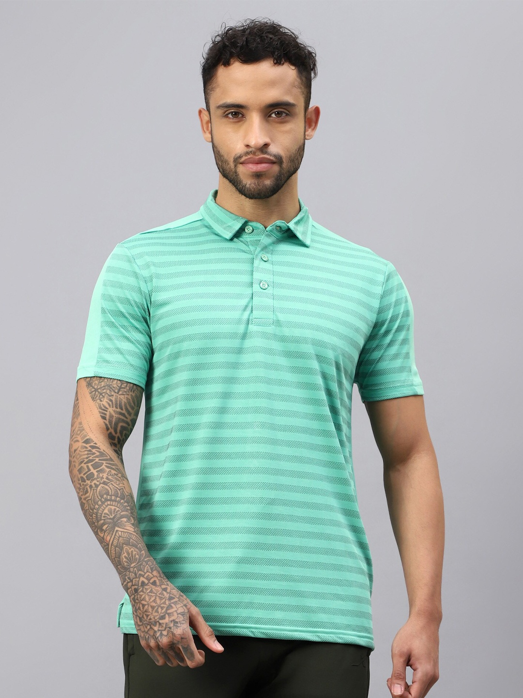 

VECTOR X Striped Moisture Wicking Polo Collar T-shirt, Sea green