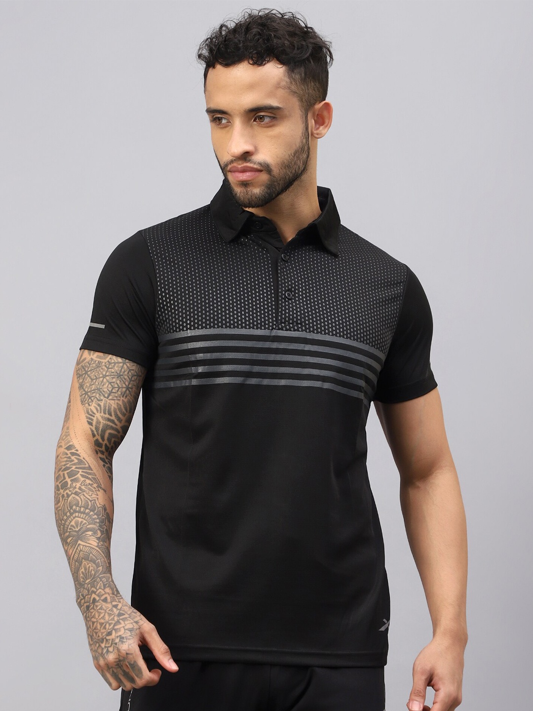 

VECTOR X Striped Moisture Wicking Polo Collar T-shirt, Black