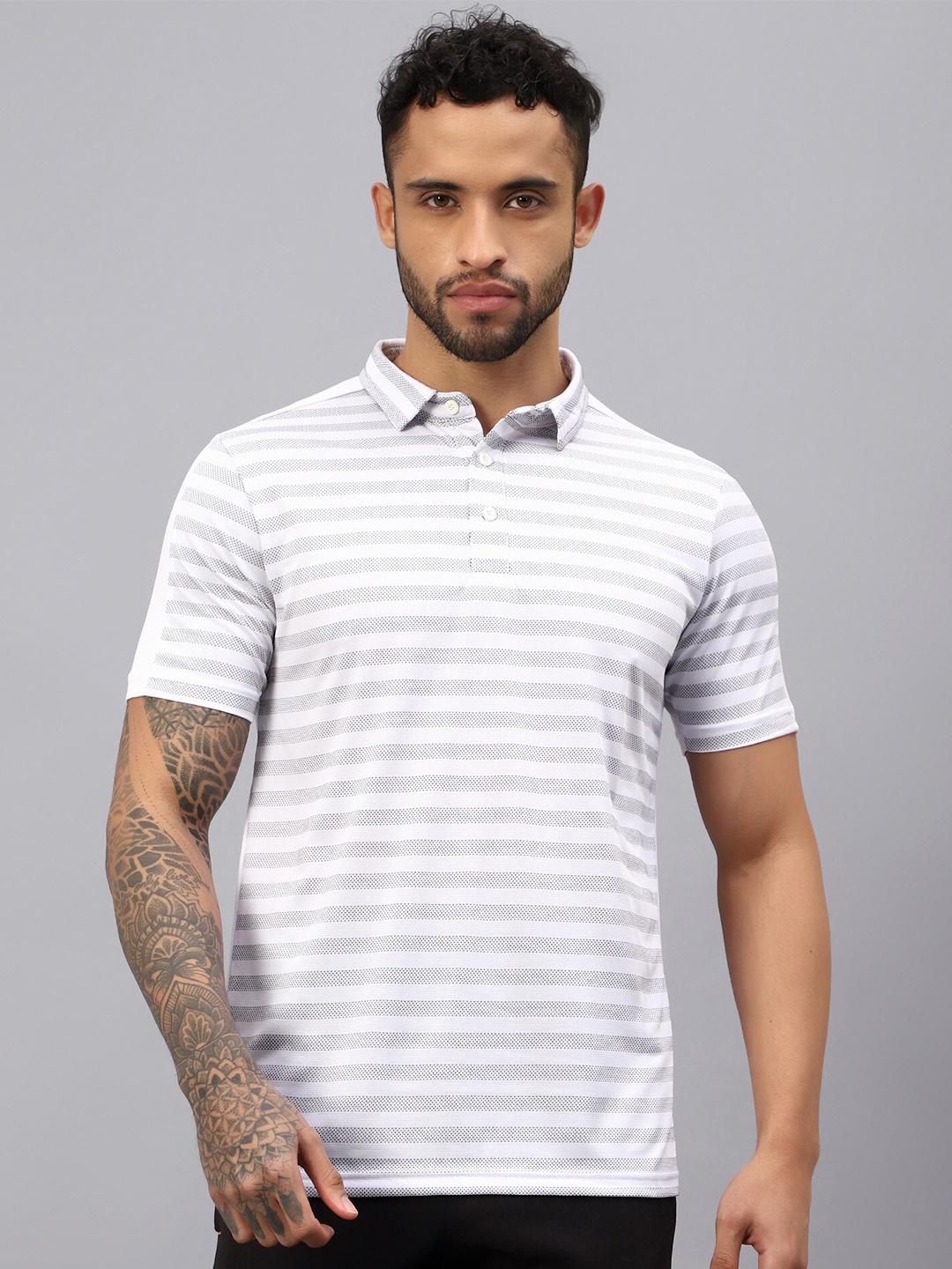 

VECTOR X Striped Printed Polo Collar T-shirt, White
