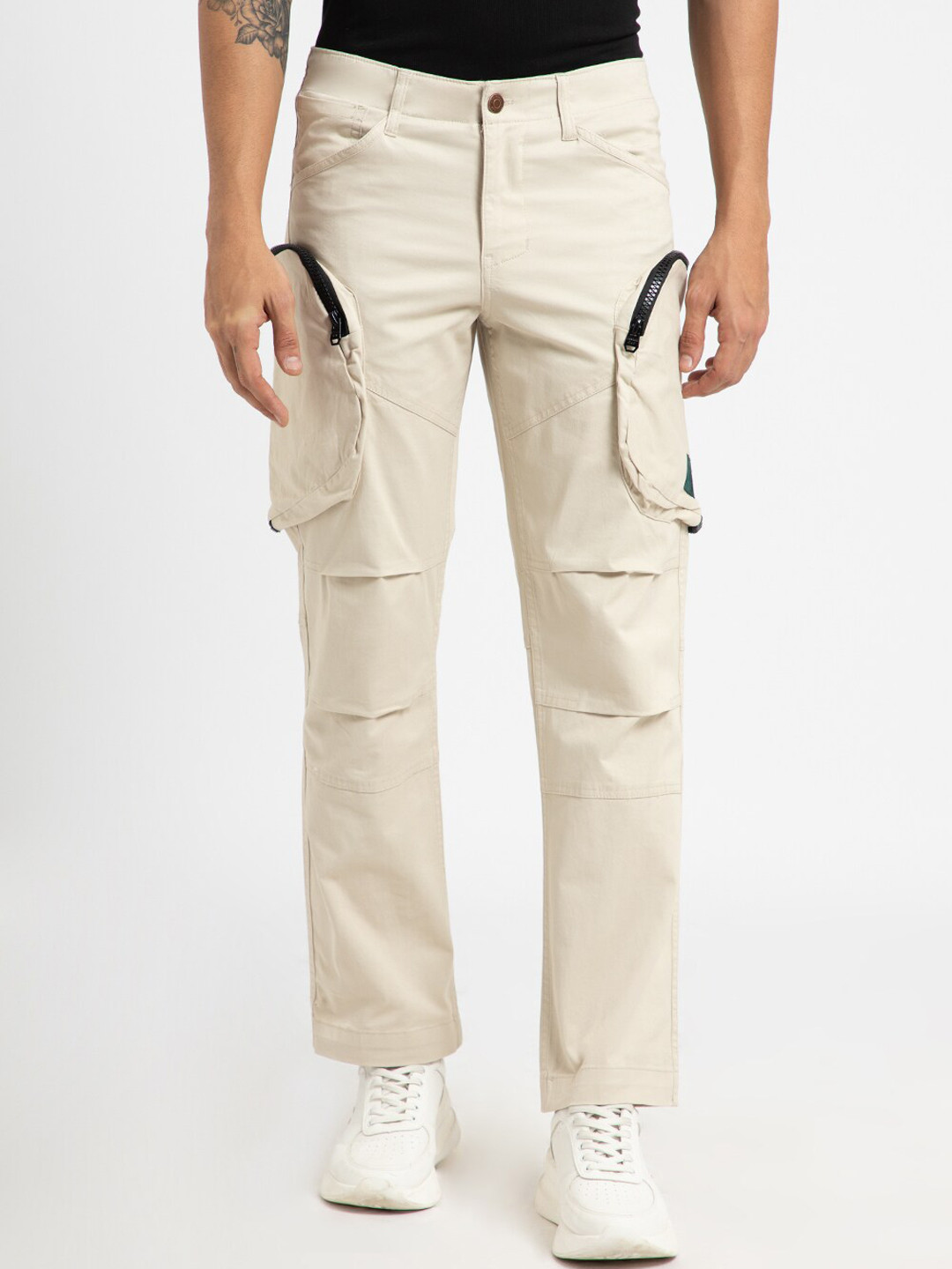 

Banana Club Mid-Rise Zipper Cotton Cargo Style Trousers, Beige