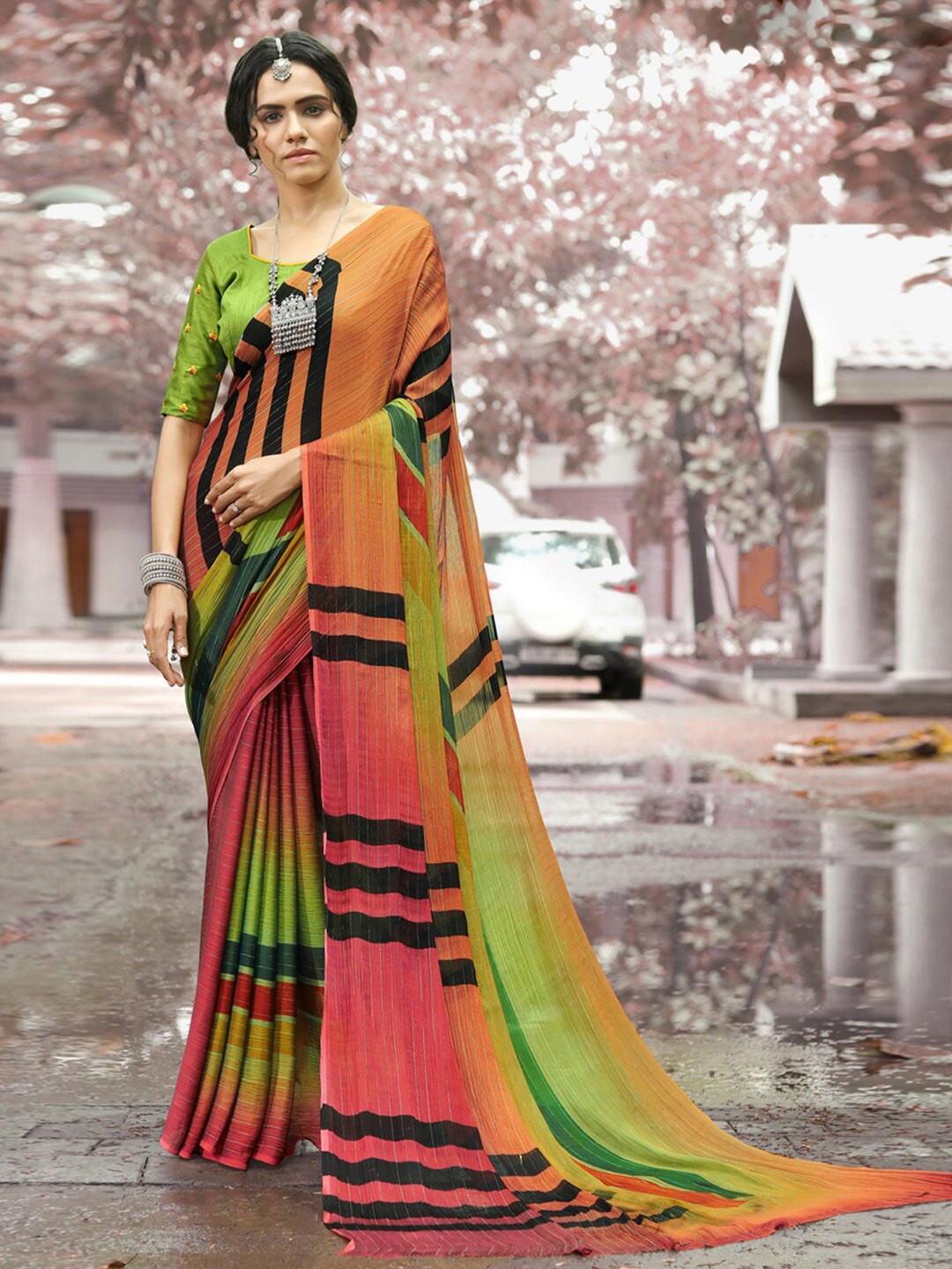 

KALINI Striped Printed Saree, Orange